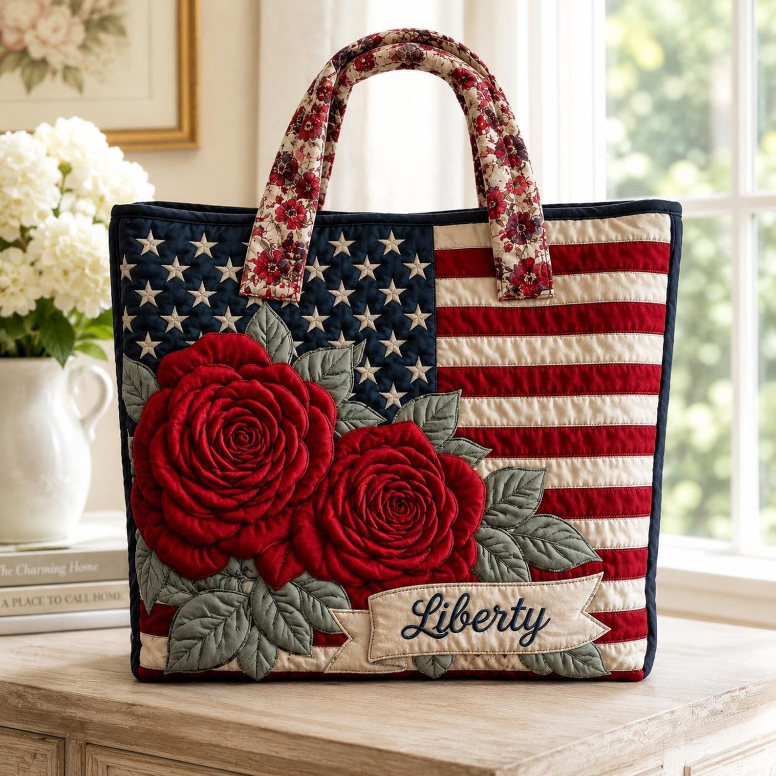 Quilted American Flag Tote Bag with Roses, Patriotic Shoulder Handbag