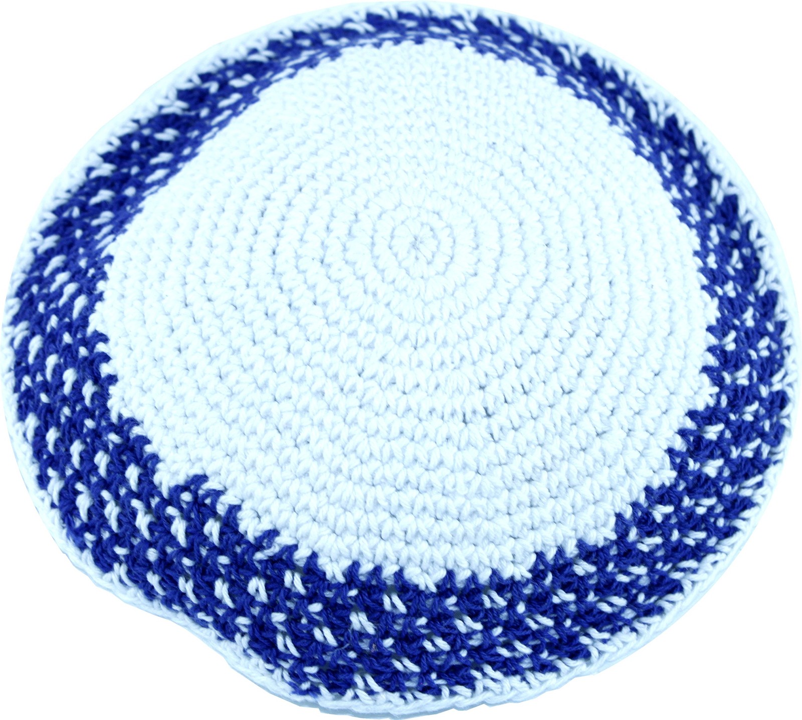 White / Royal Blue model II, 17cm DMC 100% Knitted Cotton Kippah SkullCap Jewish