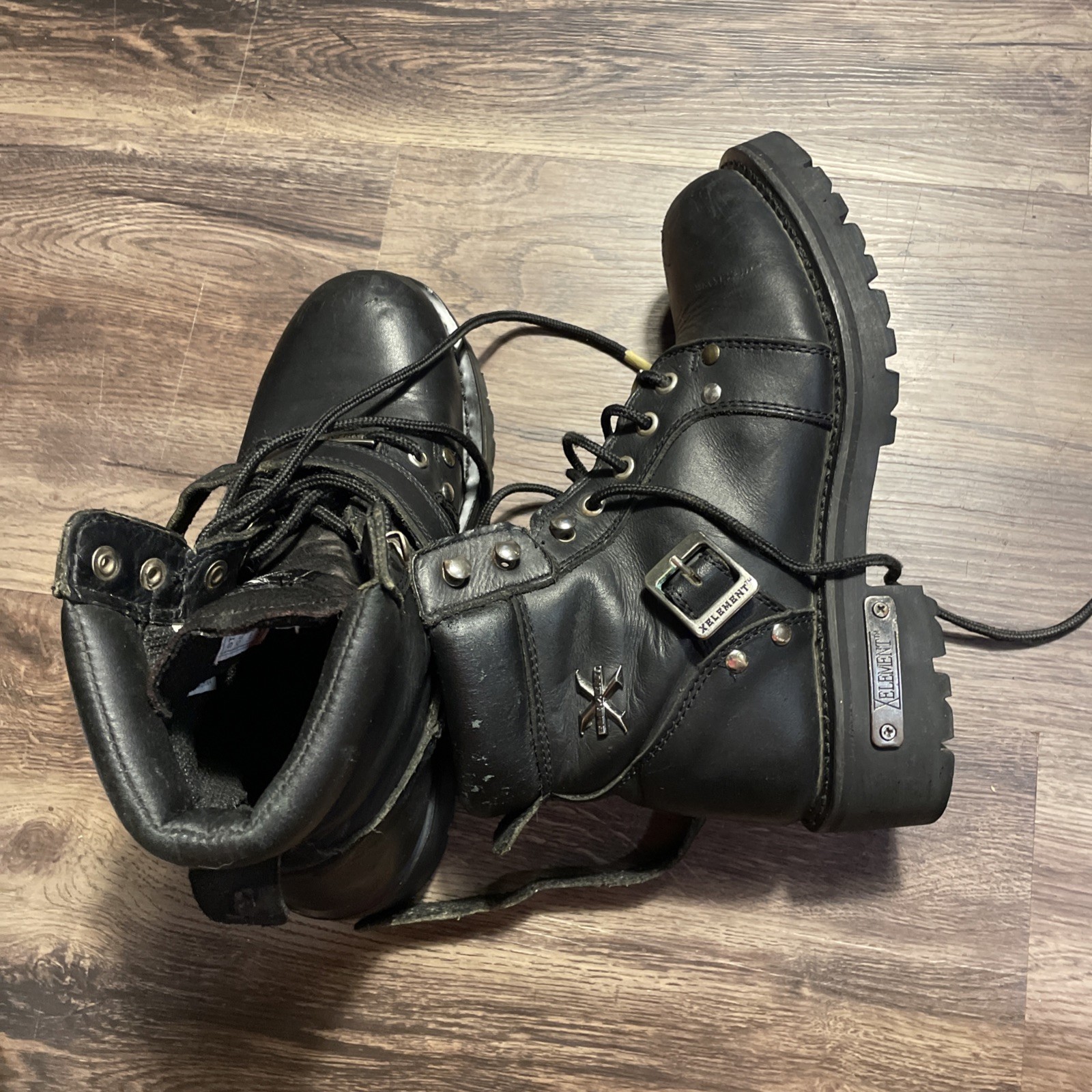 Element Motorcycle Boots Womens Size 9 Black Leather Logo Zip up Snap Lace Up