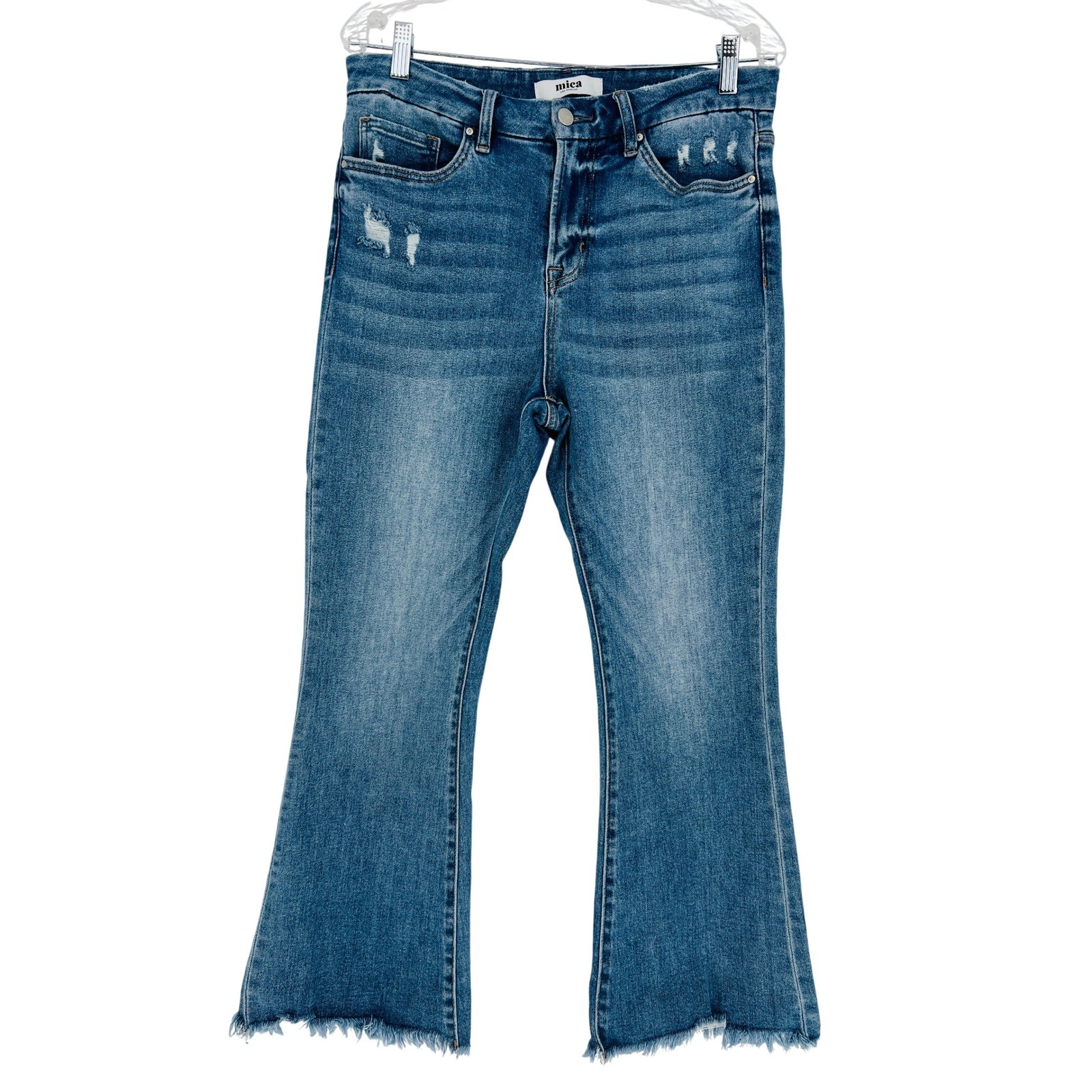 Mica Cropped Flare Jeans Women Size 29 Blue Distressed Raw Hem High Rise Boho
