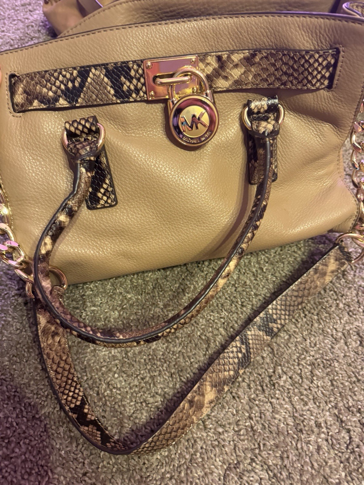 Michael Kors Medium Beige Satchel Animal Print Trim Chain Strap Zip Closure