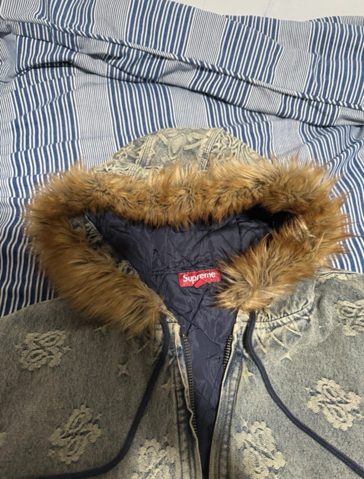 Supreme Bandana Jacquard Denim Jacket Fur Trim Full Zip Men’s Size S