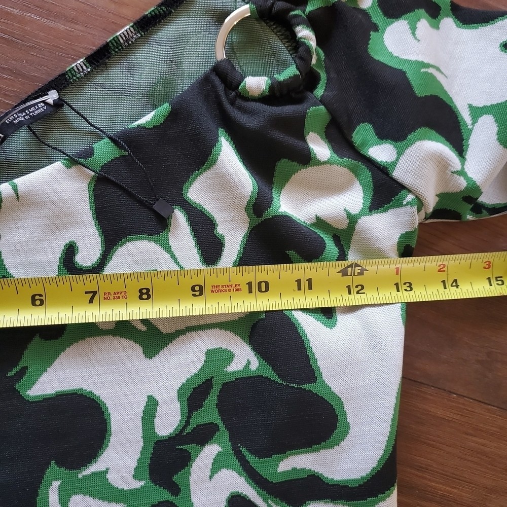Green and Black Fancy Crop Top. One Arm Long Sleeve. Gorgeous!