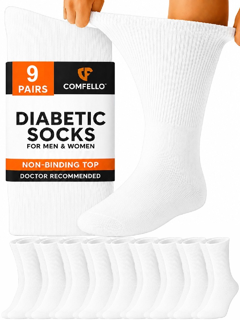 9 Pack Mens Diabetic Socks Crew Cotton Circulatory Health Non-Binding Edema Sock