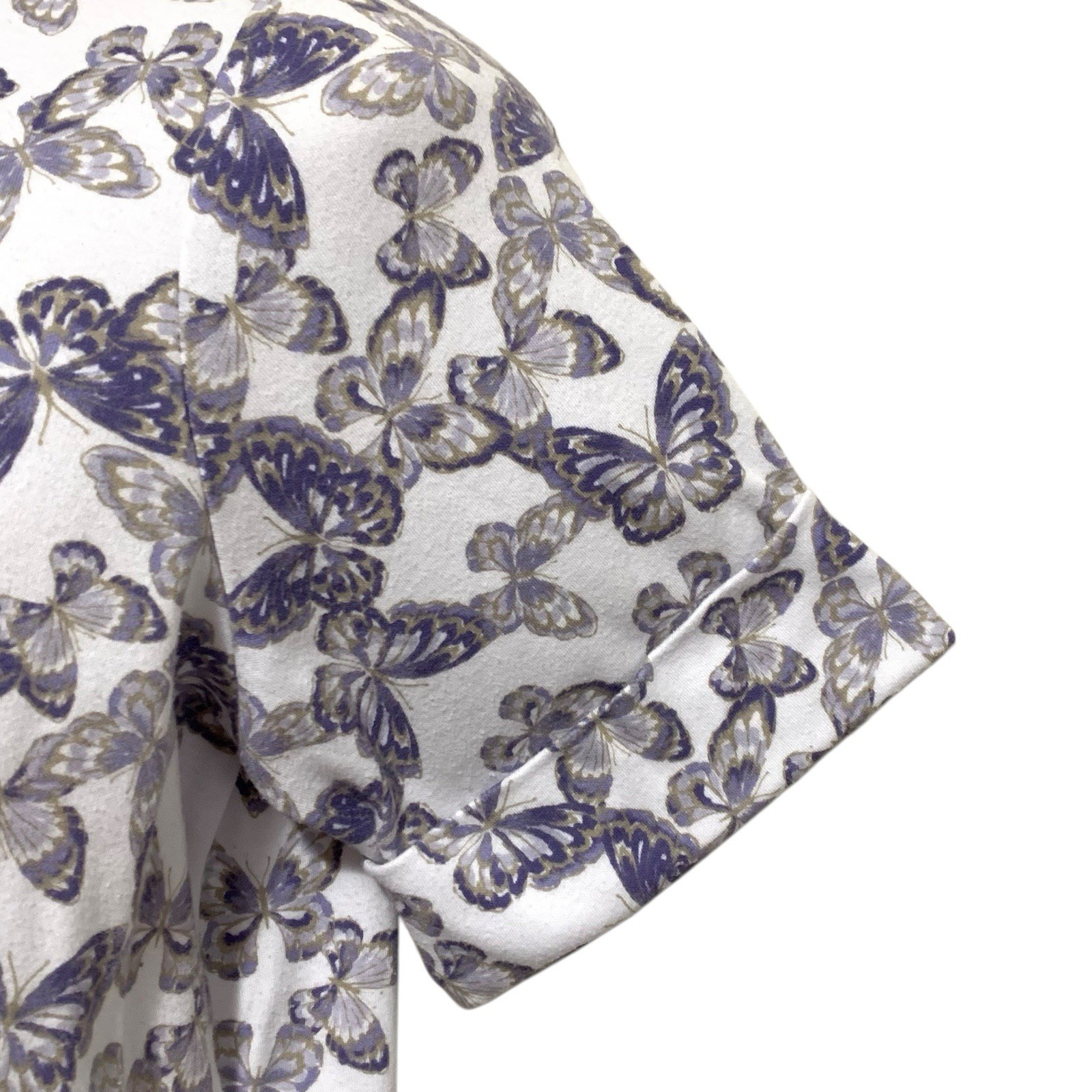 Hasting & Smith Top Women’s Large White Purple Butterflies Short Cuffed Sleeves