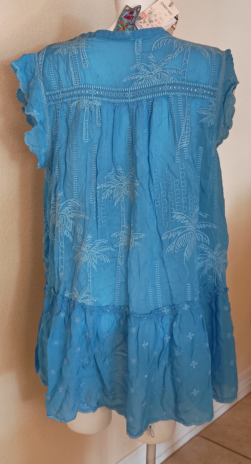 NWT JOHNNY WAS Azure Blue Palm Oriana Eyelet Lace Tunic SZ L