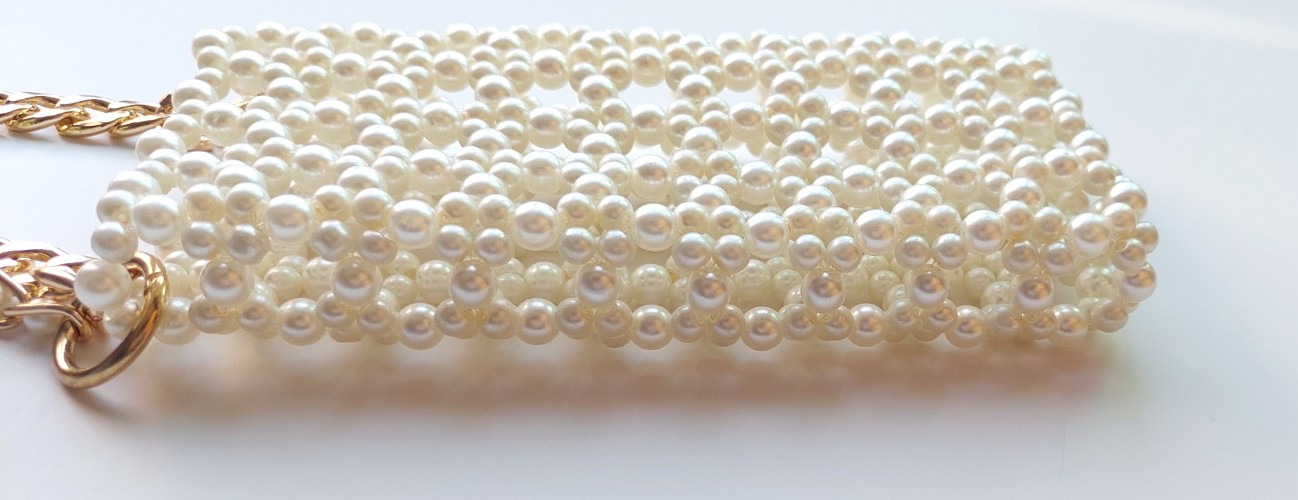 Handmade Pearl Beaded Cell Phone Bag with Gold Chain, Mobile Phone Bag Crossbody