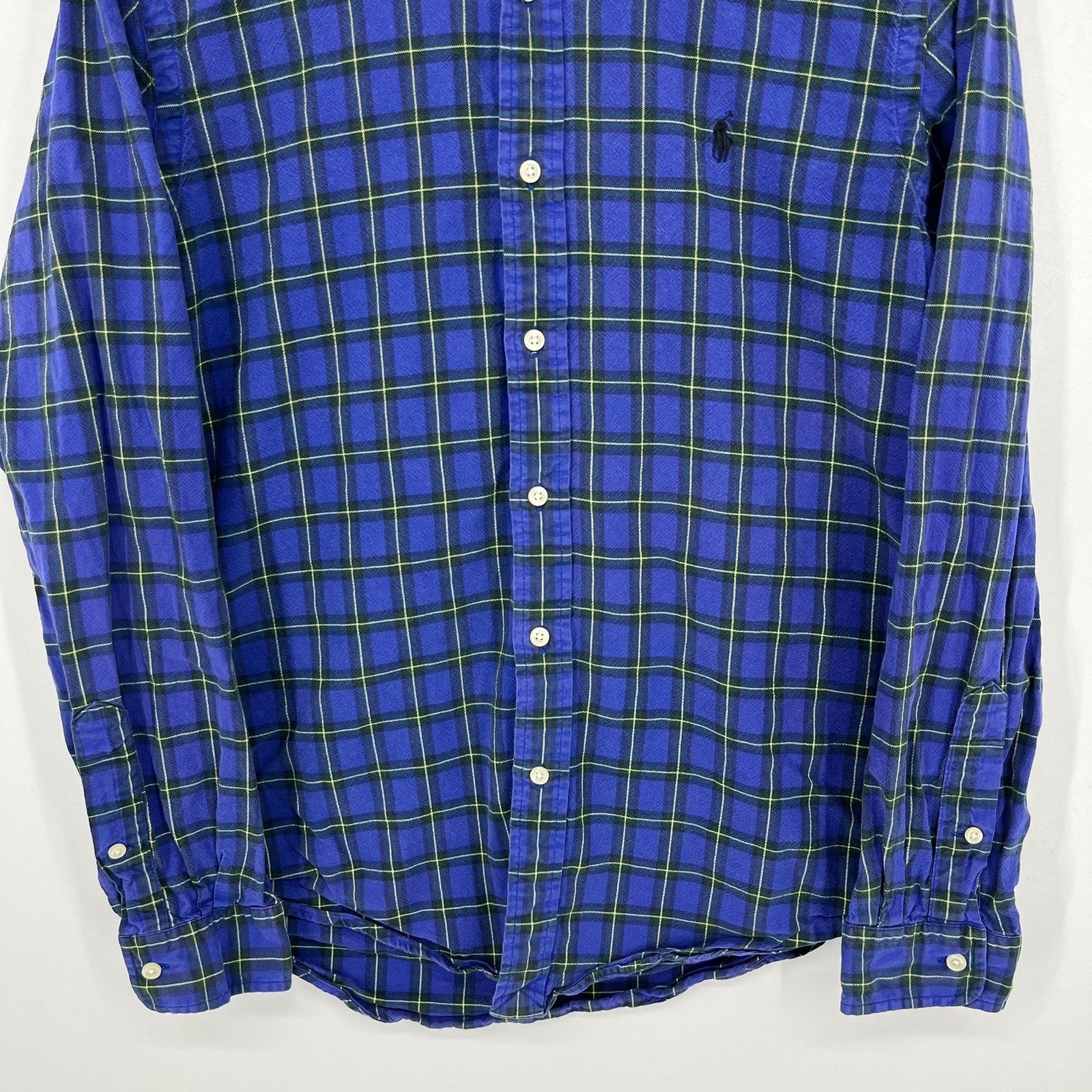 Ralph Lauren Mens Custom Fit Plaid Button Down Shirt Blue Green Yellow Size M
