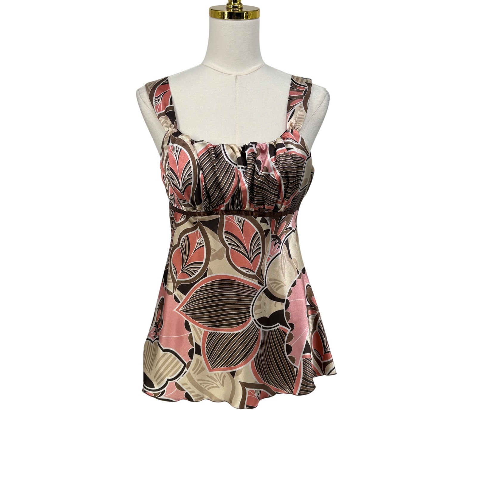 Y2K Womens Pink Brown Floral Satin Empire Waist Camisole Top Vintage M USA
