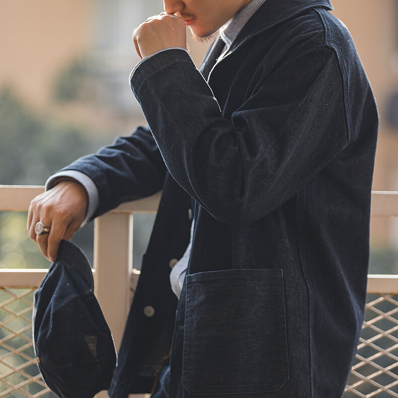 American Denim Dungaree Retro Men’s Jacket Coat Amikaki Casual Coat Blue Cotton