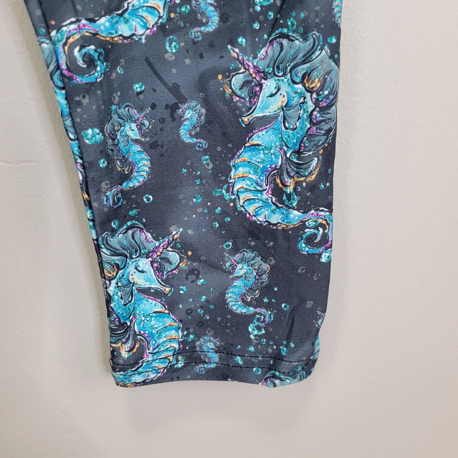 Turquoise Seahorse Print Polyester Spandex Blend Leggings One Size Fits All