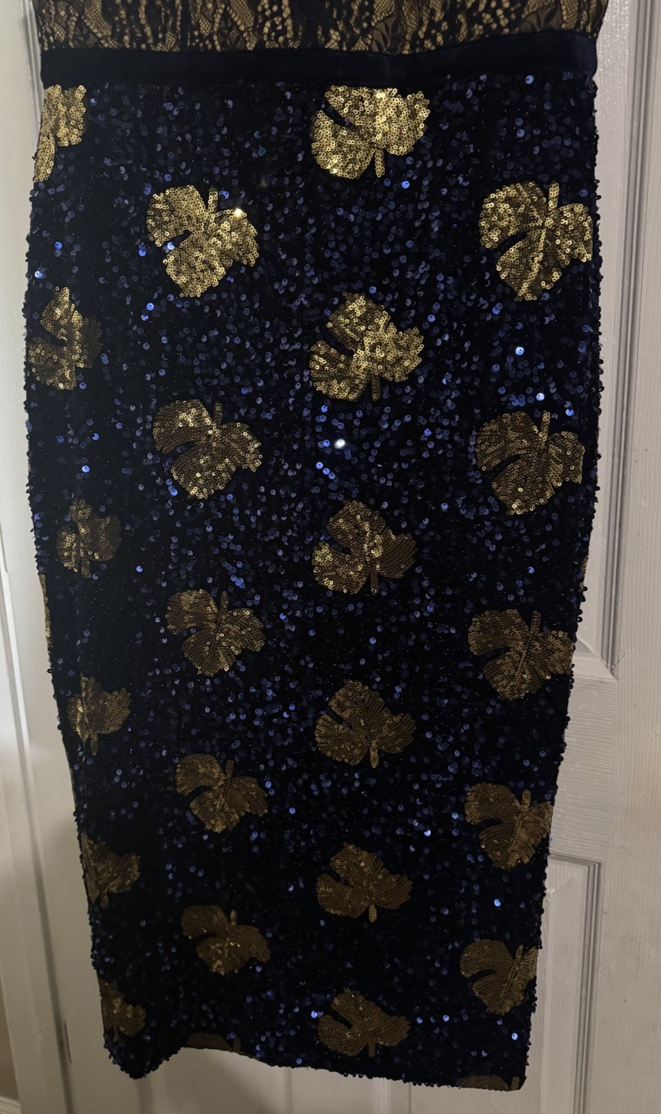 Blue Gold Sequin Floral Lace High Neck Sheath Midi Dress Zip Short Sleeve M