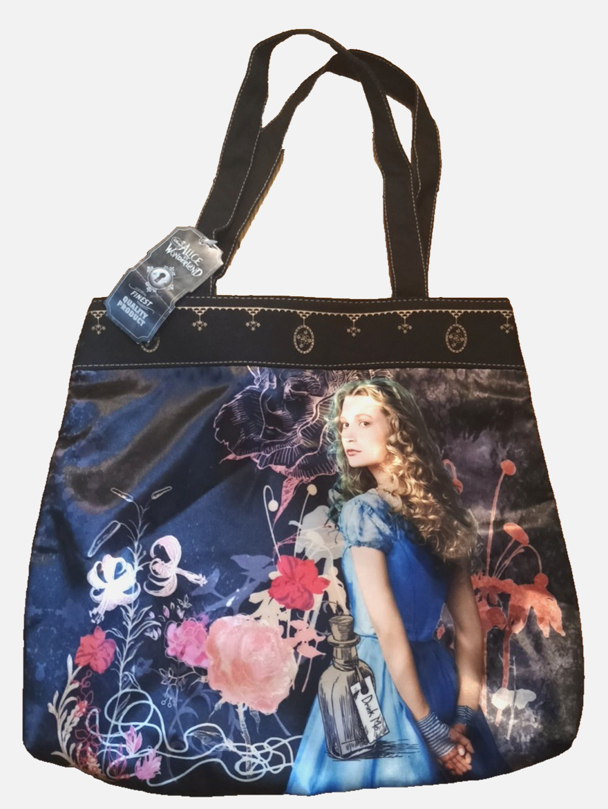 HTF Vtg Tim Burton’s Alice In Wonderland Satin canvas Black Blue Tote Bag 15×16″