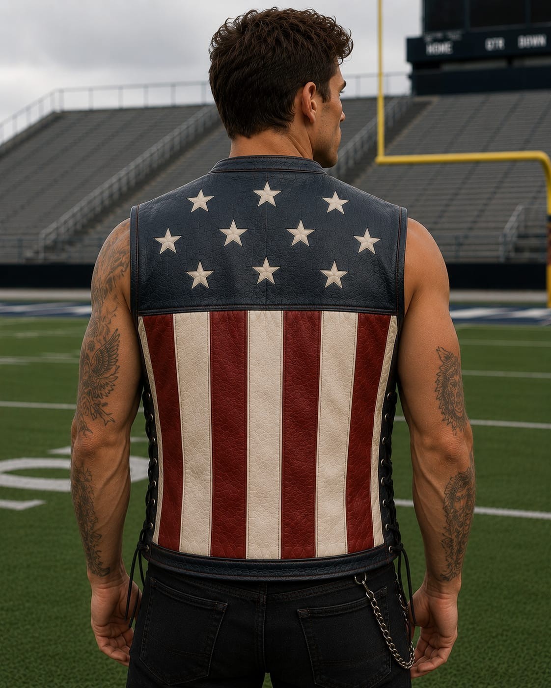 Men’s American Flag Leather Vest USA Stars & Stripes Biker Motorcycle Club Vest.