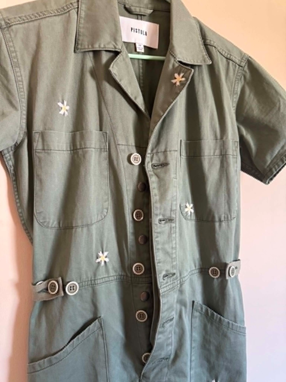 NWOT Grover Twill Flower Embroidered Button-Front Utility Jumpsuit Size XS
