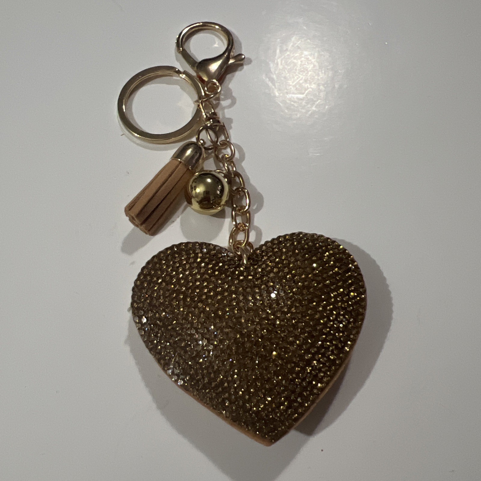 Rhinestones Heart Keychain Tassel Gold Tone
