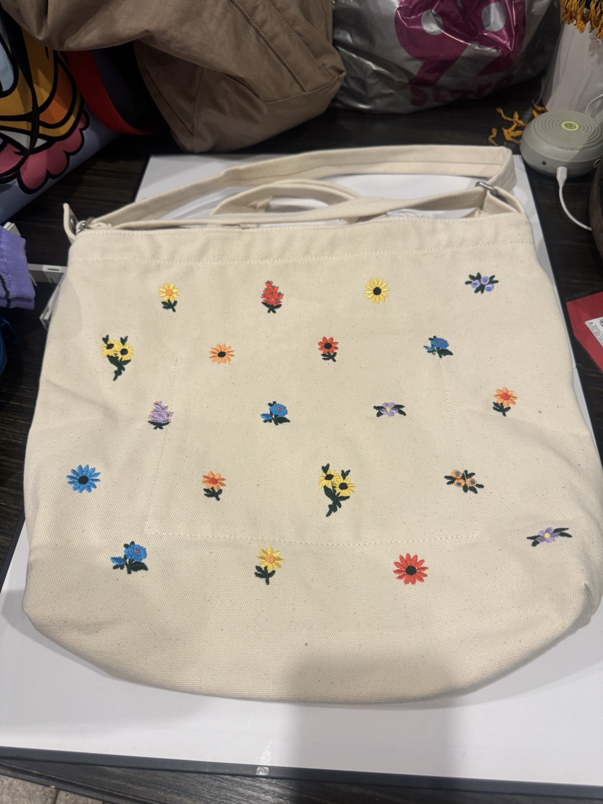 BAGGU Beige Floral Embroidered Zip Top Tote Bag w/ Detachable Adjustable Strap