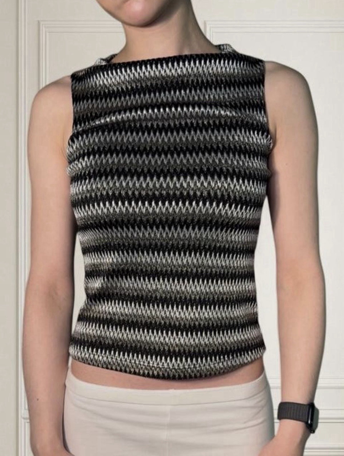 Heart & Soul Women’s Mock Neck Metallic Striped Knit Tank Top Black Silver S