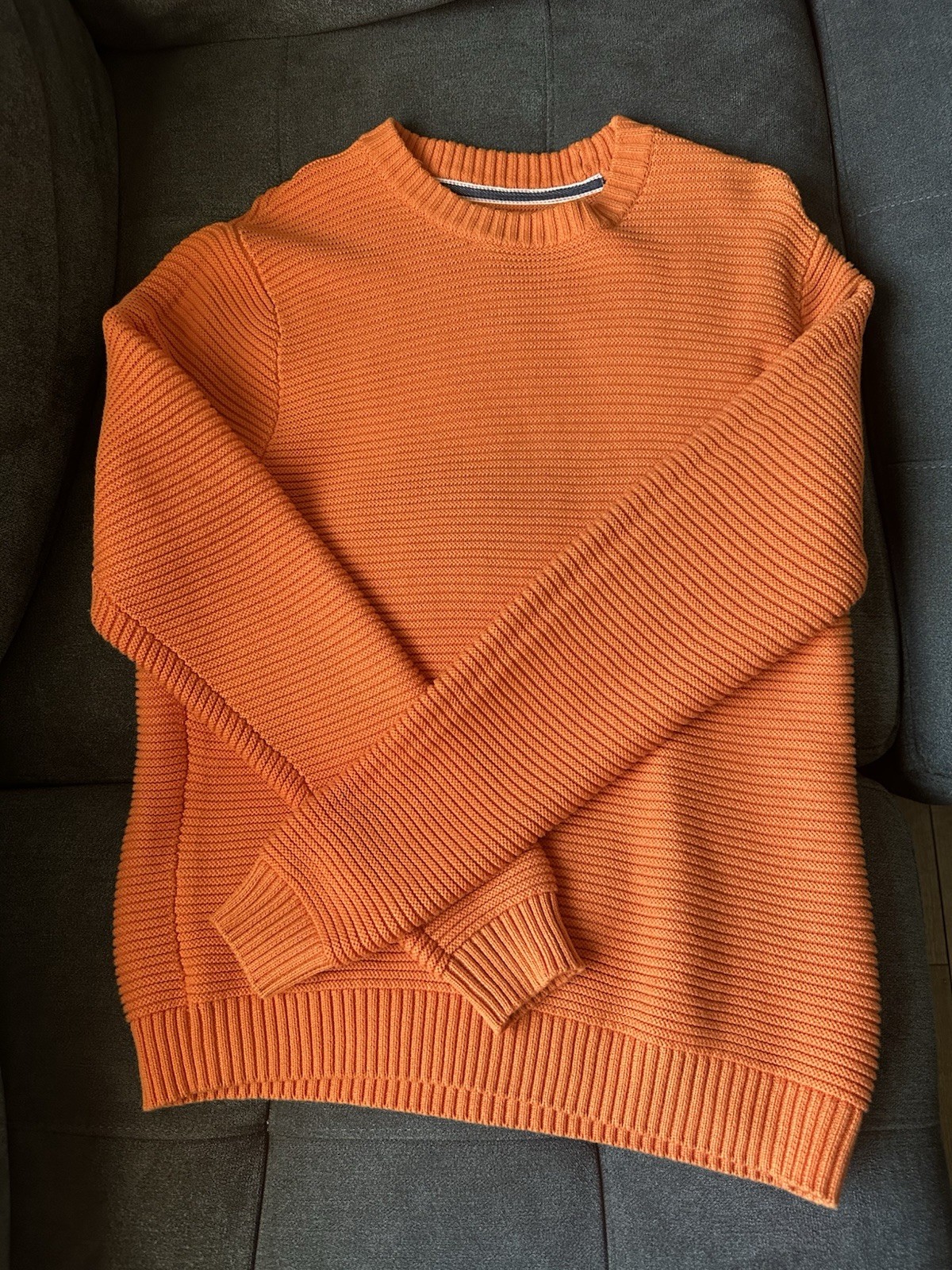Sun + Stone Men’s Orange Knit Horizontal Lined Sweater Size Small