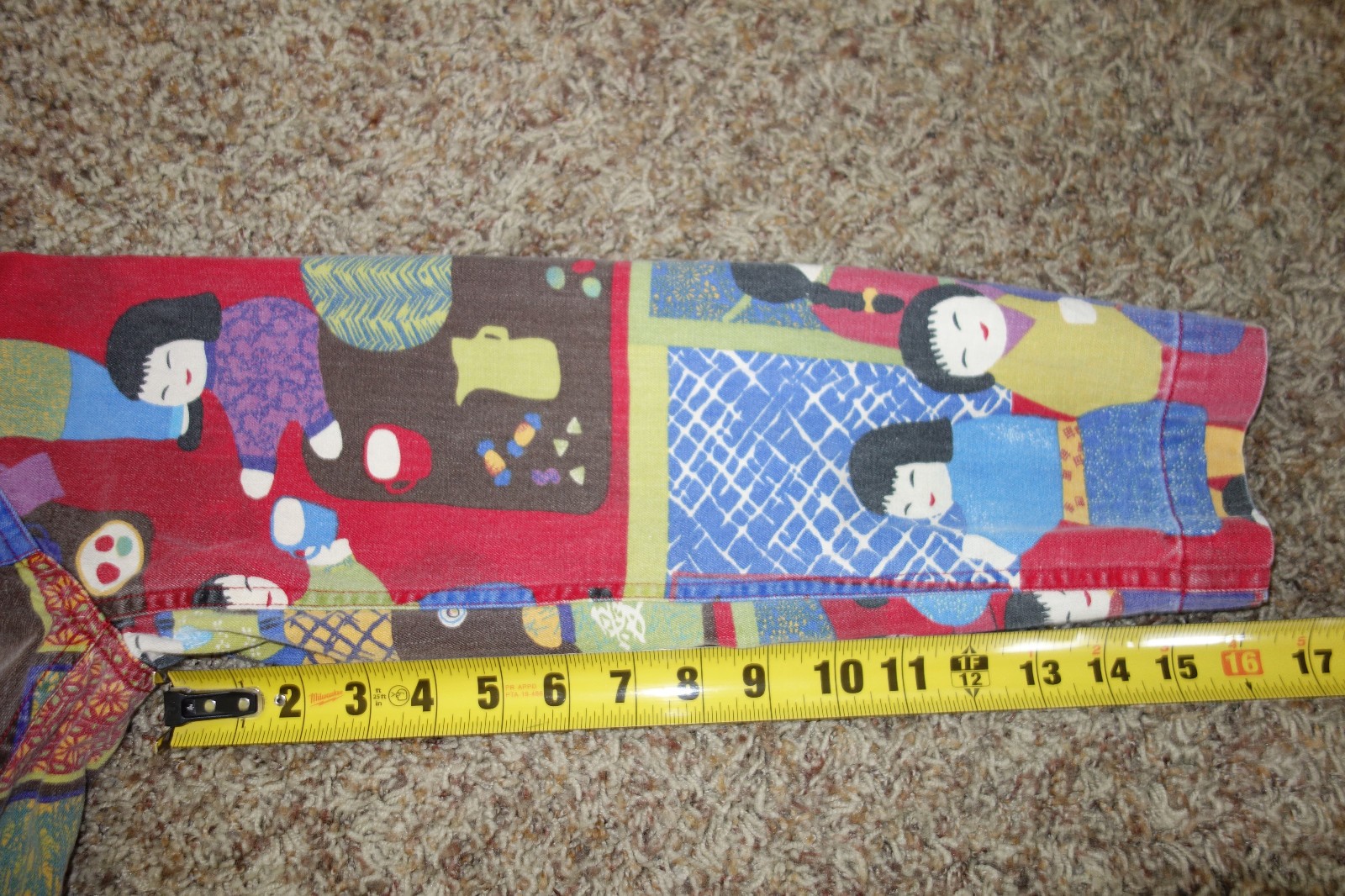 Chicos Design Asian Oriental Kokeshi Doll Art Colorful Cotton Denim Jacket Sz 1