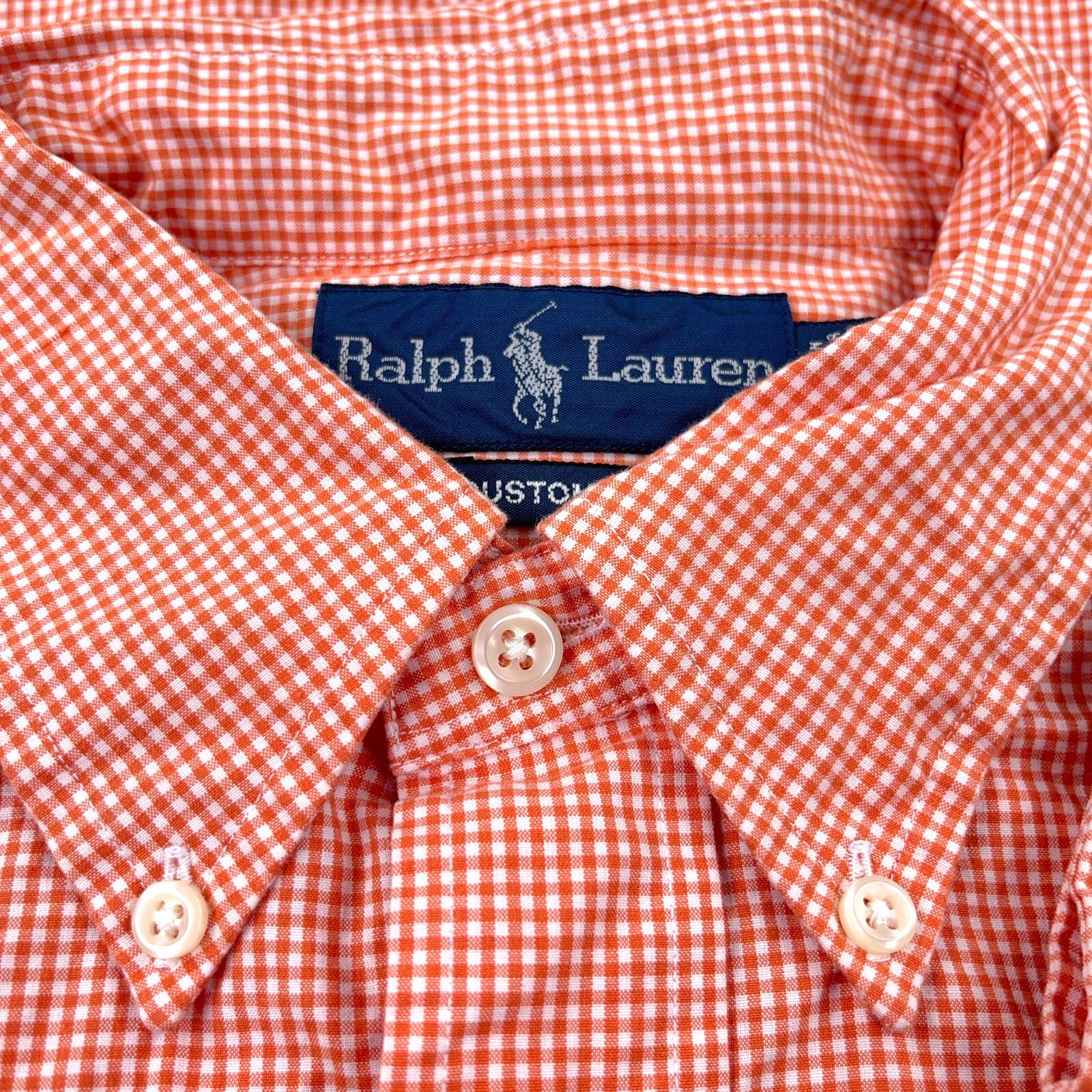 Ralph Lauren Shirt Men Medium Orange Button Up Custom Fit Gingham Poplin Dress