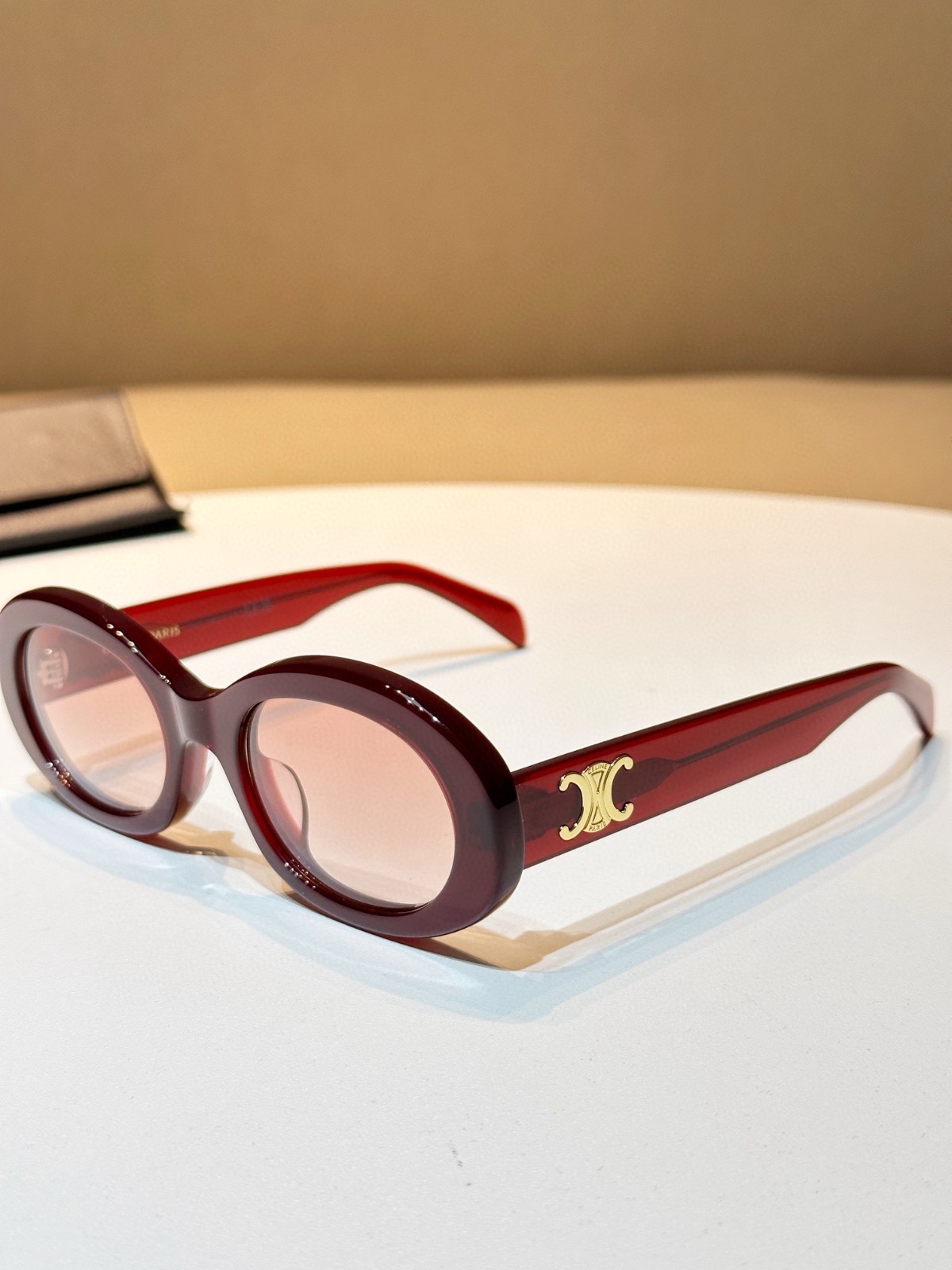 Celine Triomphe Oval Sunglasses Burgundy Red Acetate Gold Logo Designer