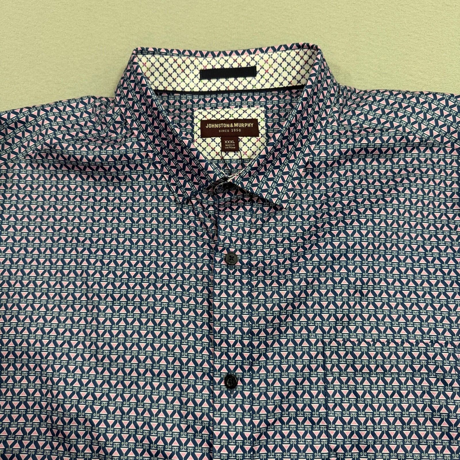 Johnston & Murphy Martini Print Button Up Shirt Mens 3XL Blue Pink Flip Cuff NEW