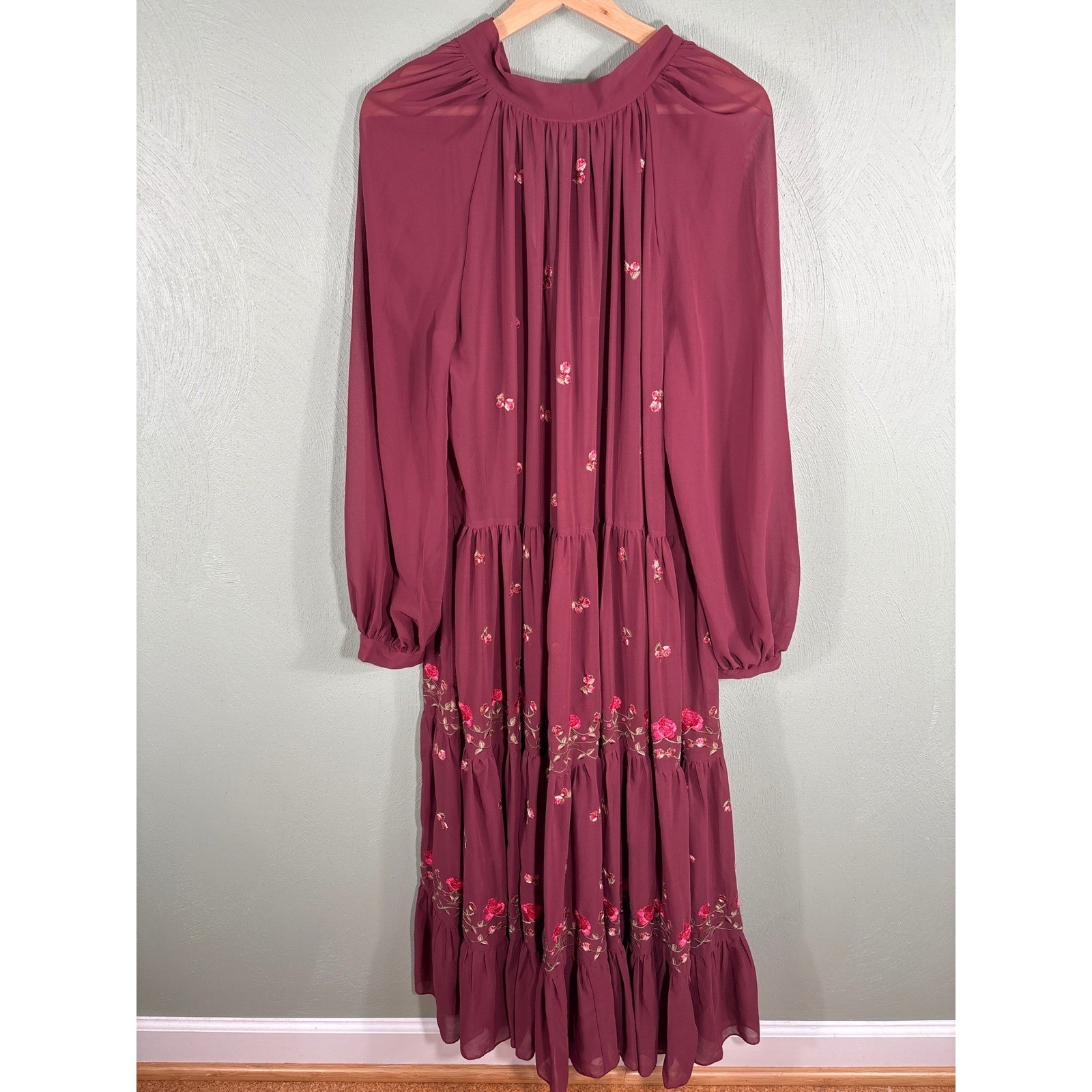 ASOS DESIGN Burgundy Floral Embroidered Tiered Maxi Dress Tie Neck Wine Size 10