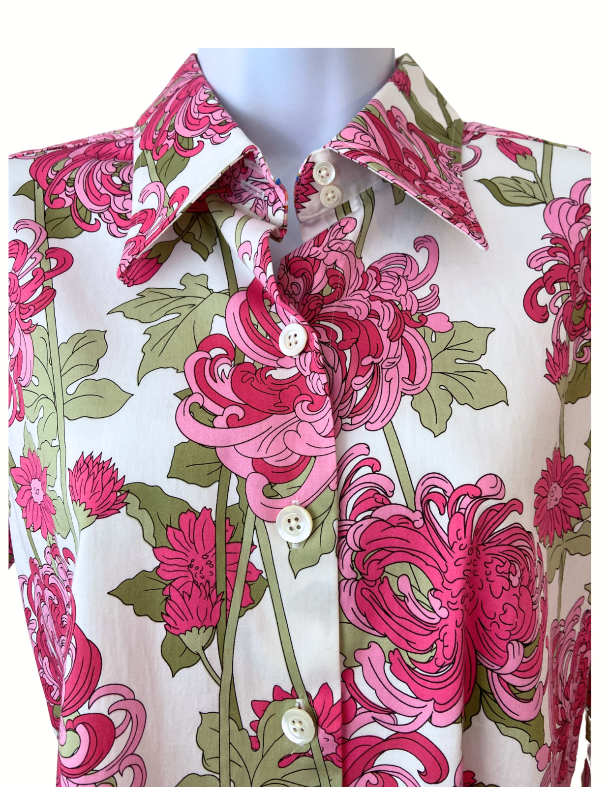 Talbots Blouse Top Button Down Front Bright Pink Floral French Cuffs Sz 4 Petite