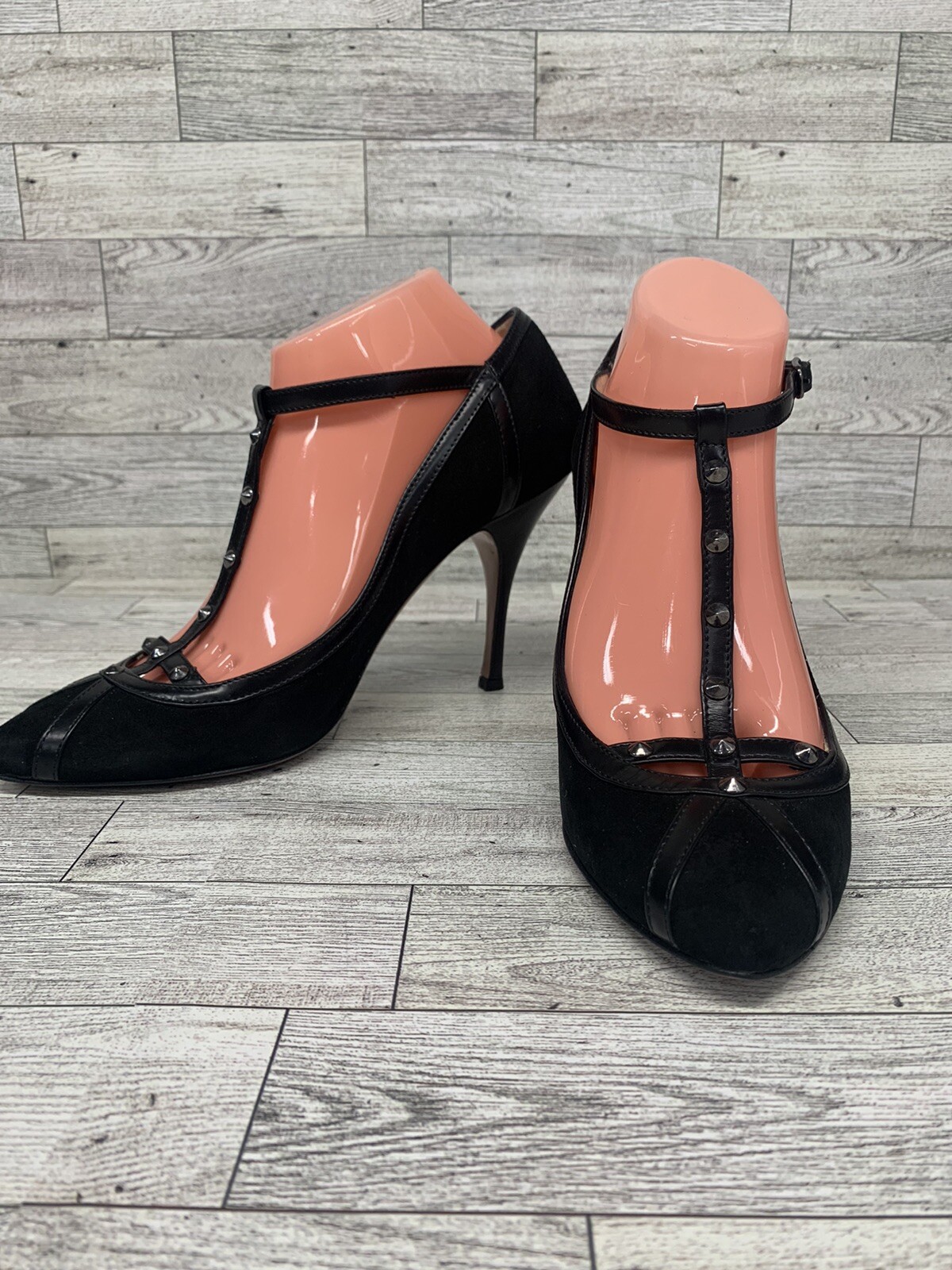 CLAUDIA CIUTI STUDDED 4” HEELS Black Leather Suede Women Size 9.5M