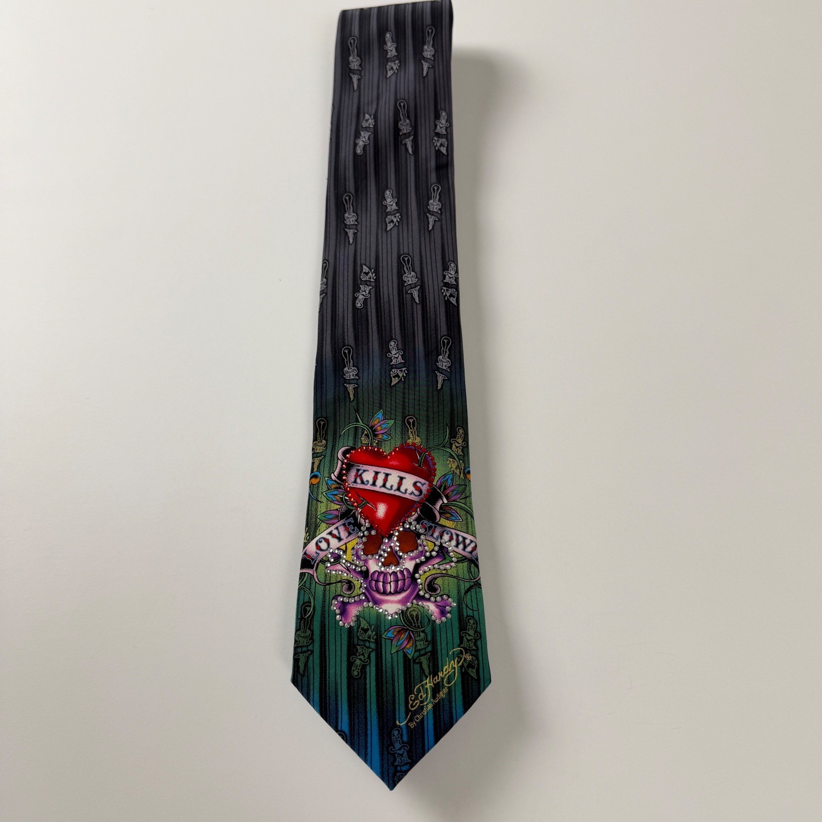 Ed Hardy Love Kills Slowly Rhinestone Silk Tie Christian Audigier Y2K