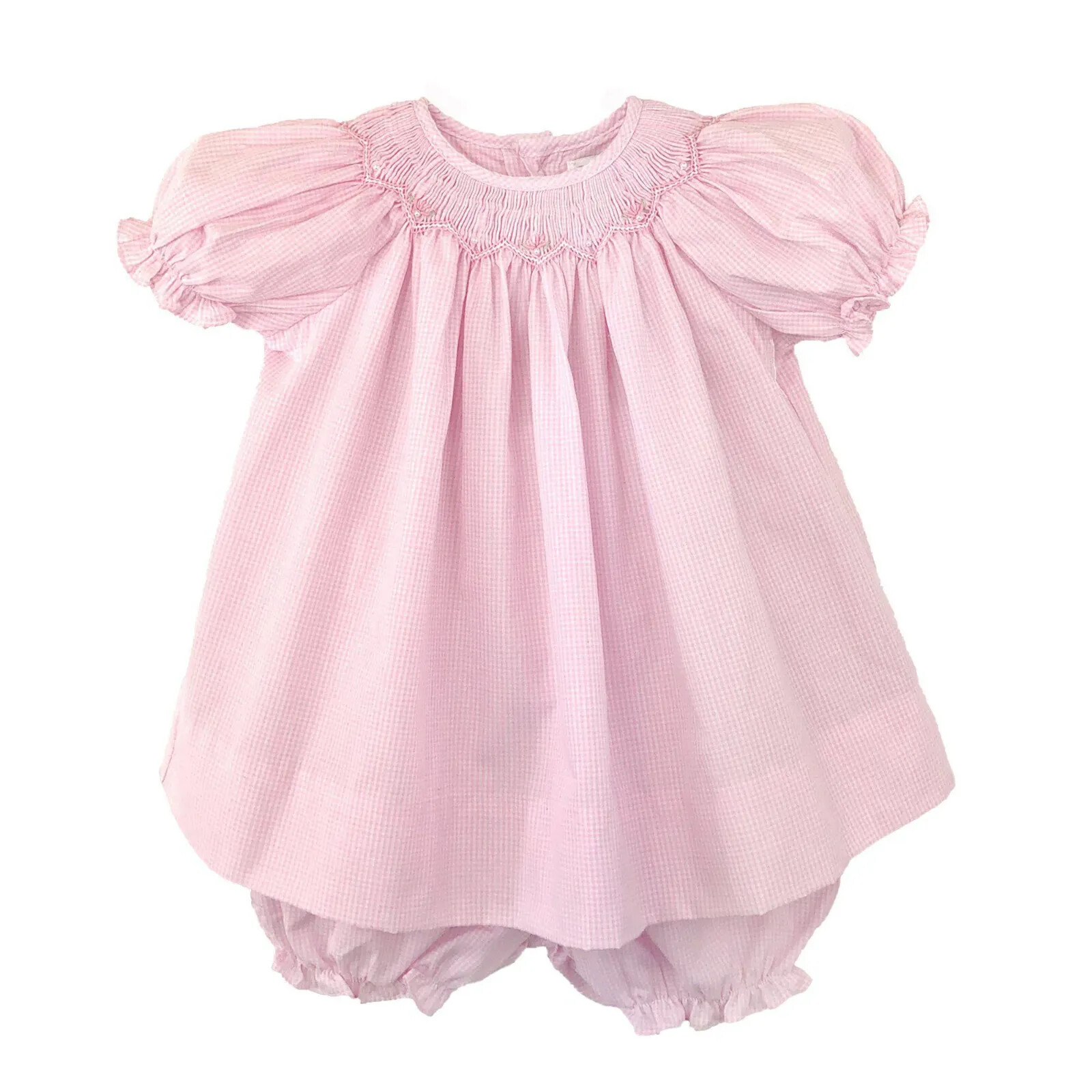 NWT Petit Ami Pink Gingham Bishop 3pc Smocked Baby Girls Dress Bonnet Newborn NB