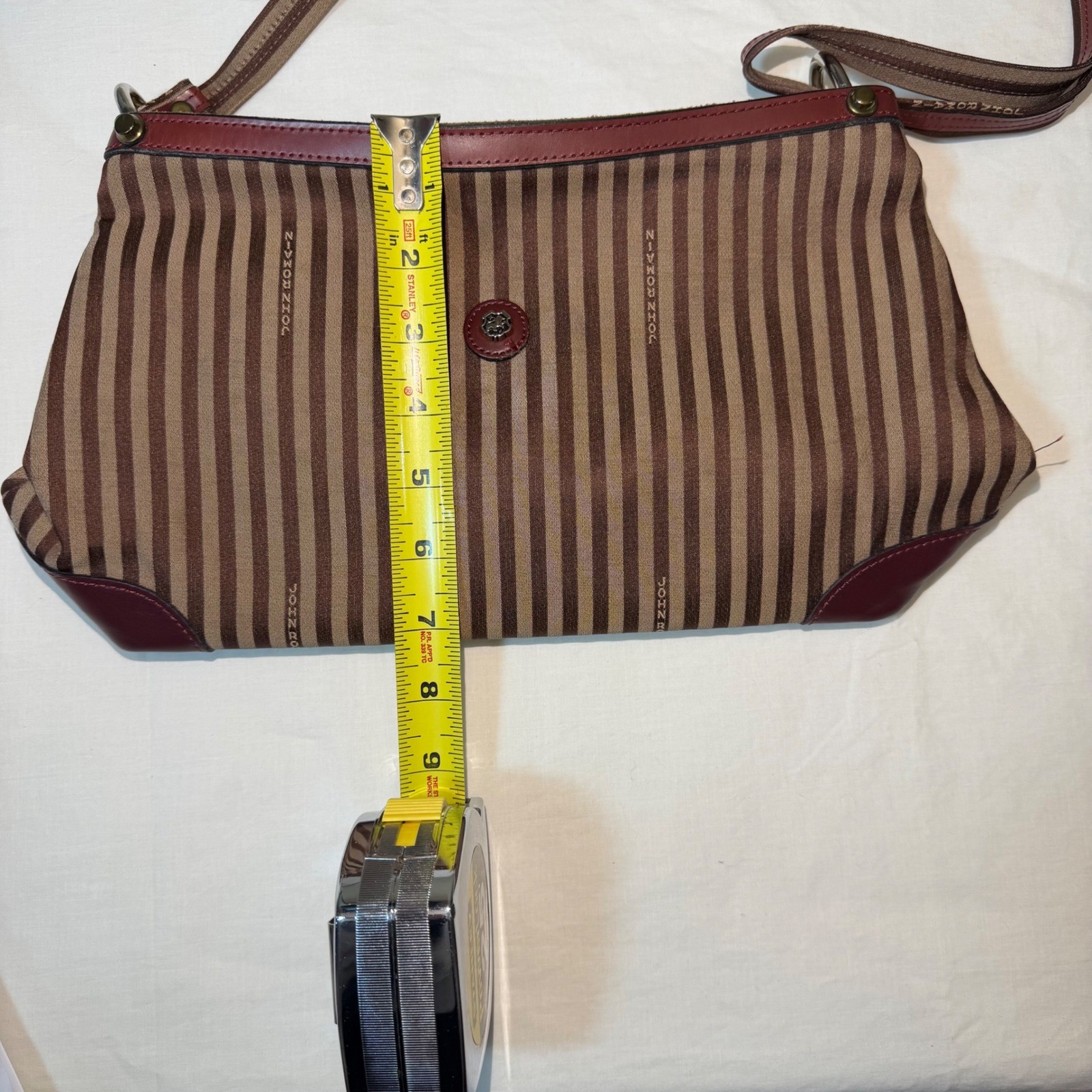 Vintage John Romain Striped Crossbody Bag Brown Burgundy Leather Trim Lion Crest