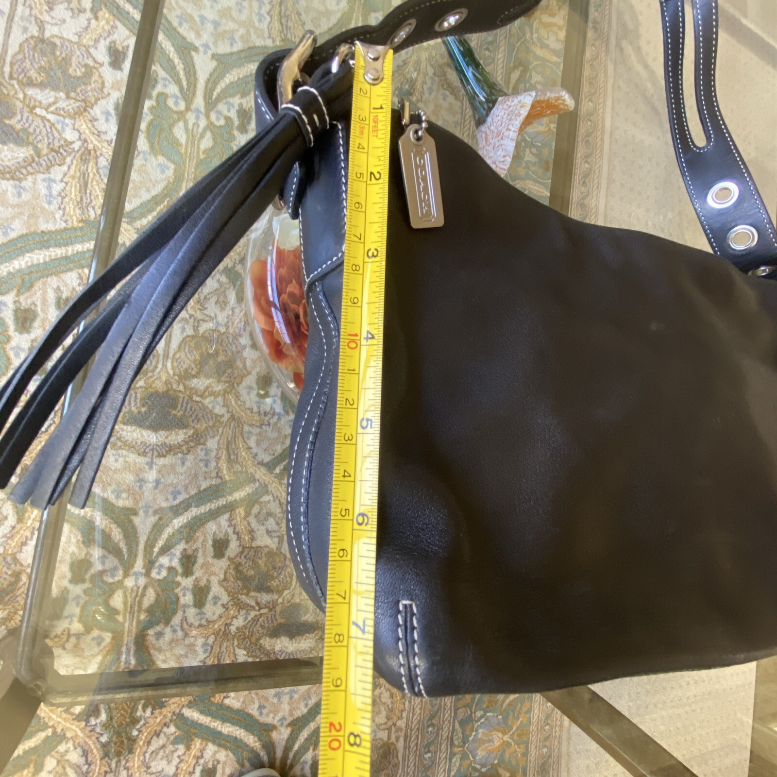 Coach Bag Hobo Black Leather Tassel Charm Vintage Pre-Owned Rectangle 10x7x3″