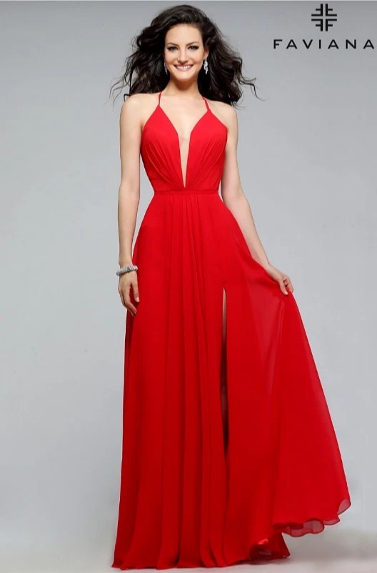 FAVIANA Women’s Illusion Plunge Chiffon Gown Red Prom Maxi Dress V Neck Formal 0