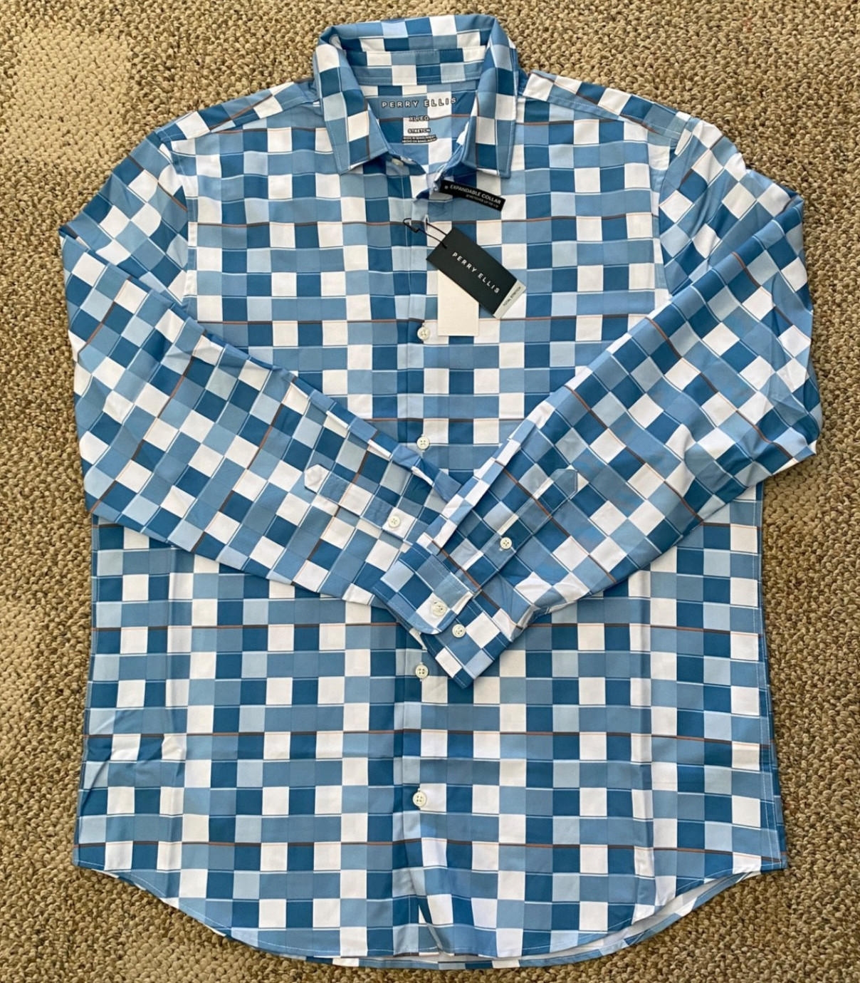 Perry Ellis Button Down Shirt Long Sleeve 41SW9027 Blue Checks Size XL
