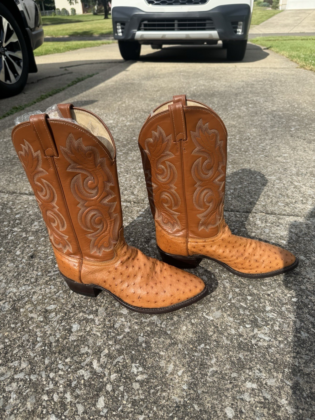 J. Chisholm Cowboy Boots Mens 12D Brown Good Full Quill Ostrich Leather USA Made