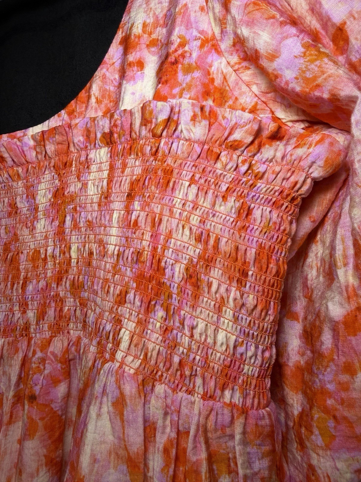 Anthropologie Orange Pink Floral Puff Sleeve Midi Dress Women’s Medium NWOT