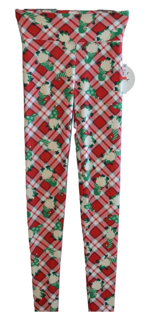 Planet Heart Juniors High Rise Holiday Leggings, Red & Green Gnome Plaid, XS