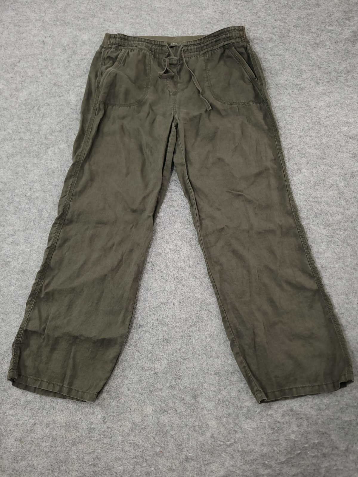 M&S Linen Trousers Size 16 R Khaki Lightweight Elasticated Straight Wide Leg