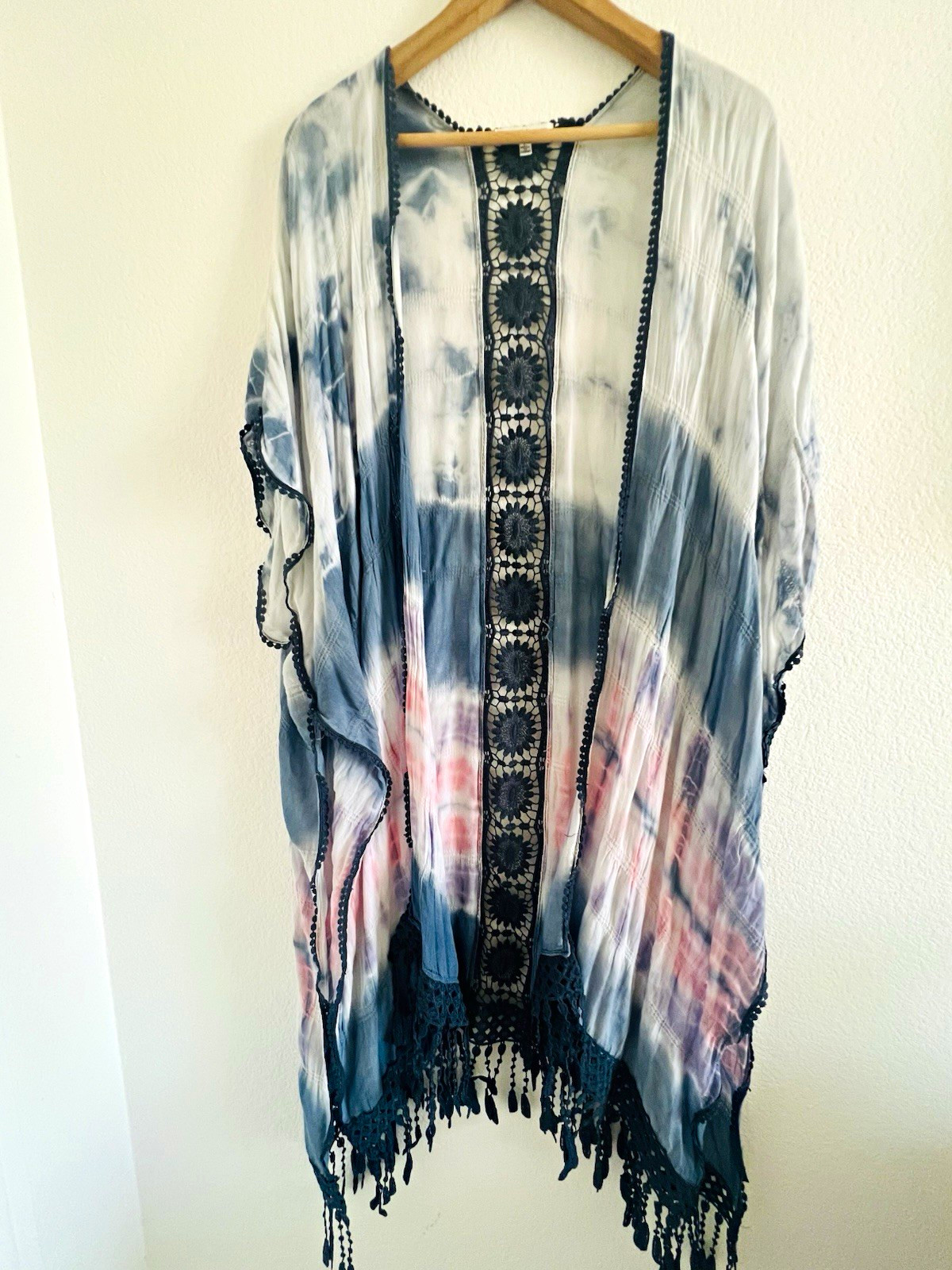 Woven Heart Tie-Dye Open Front Kimono Top Crochet Lace Fringe Blue White Pink L