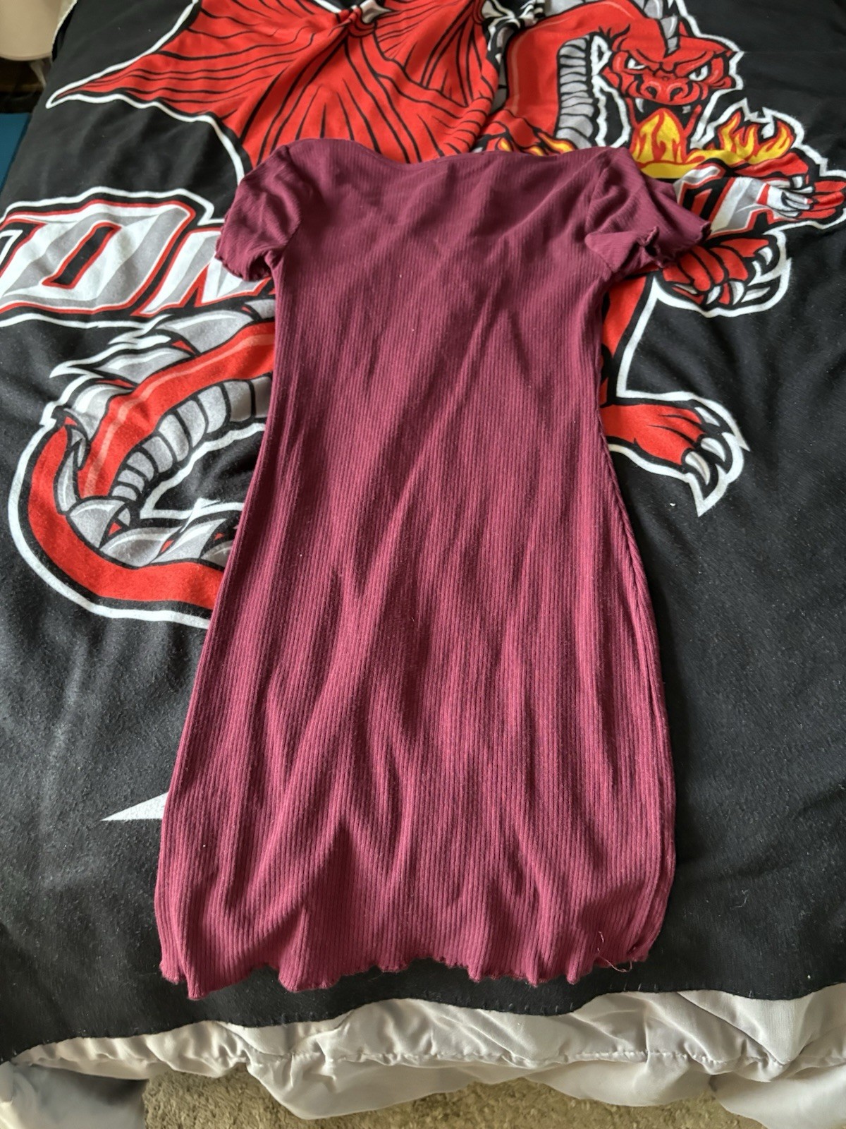 Ambiance Burgundy Ribbed Knit Square Neck Short Sleeve Bodycon Dress S