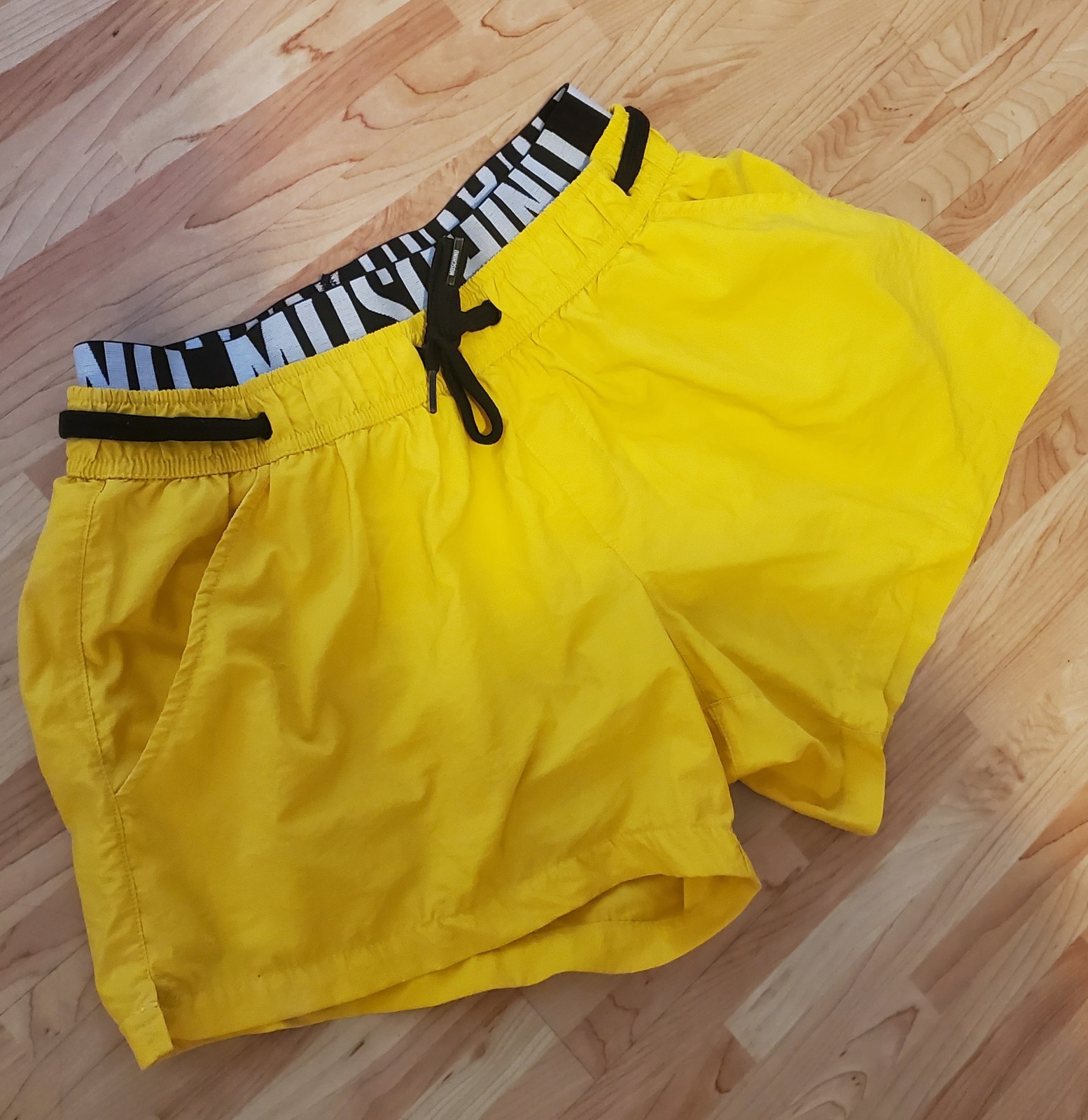 MOSCHINO Swim Shorts Mens Logo Tape 100% Polyamide Summer Beach Yellow Size S