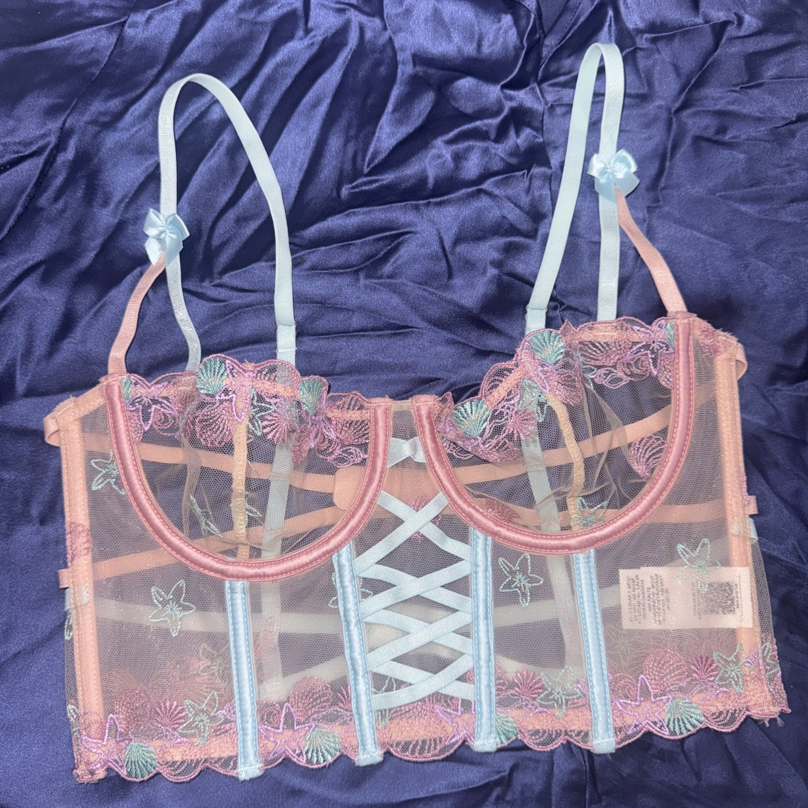 ASOS Design Fairy Beach Corset Mermaid Shells Embroidered Sheer Top Bra Size 32B