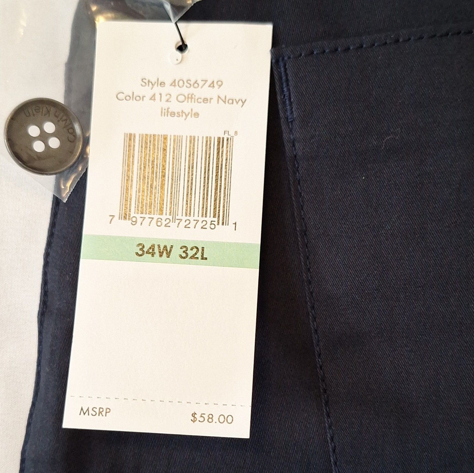 34Wx32L Calvin Klein Men’s Navy Twill Chino Pants Slim Fit Tapered Stretch