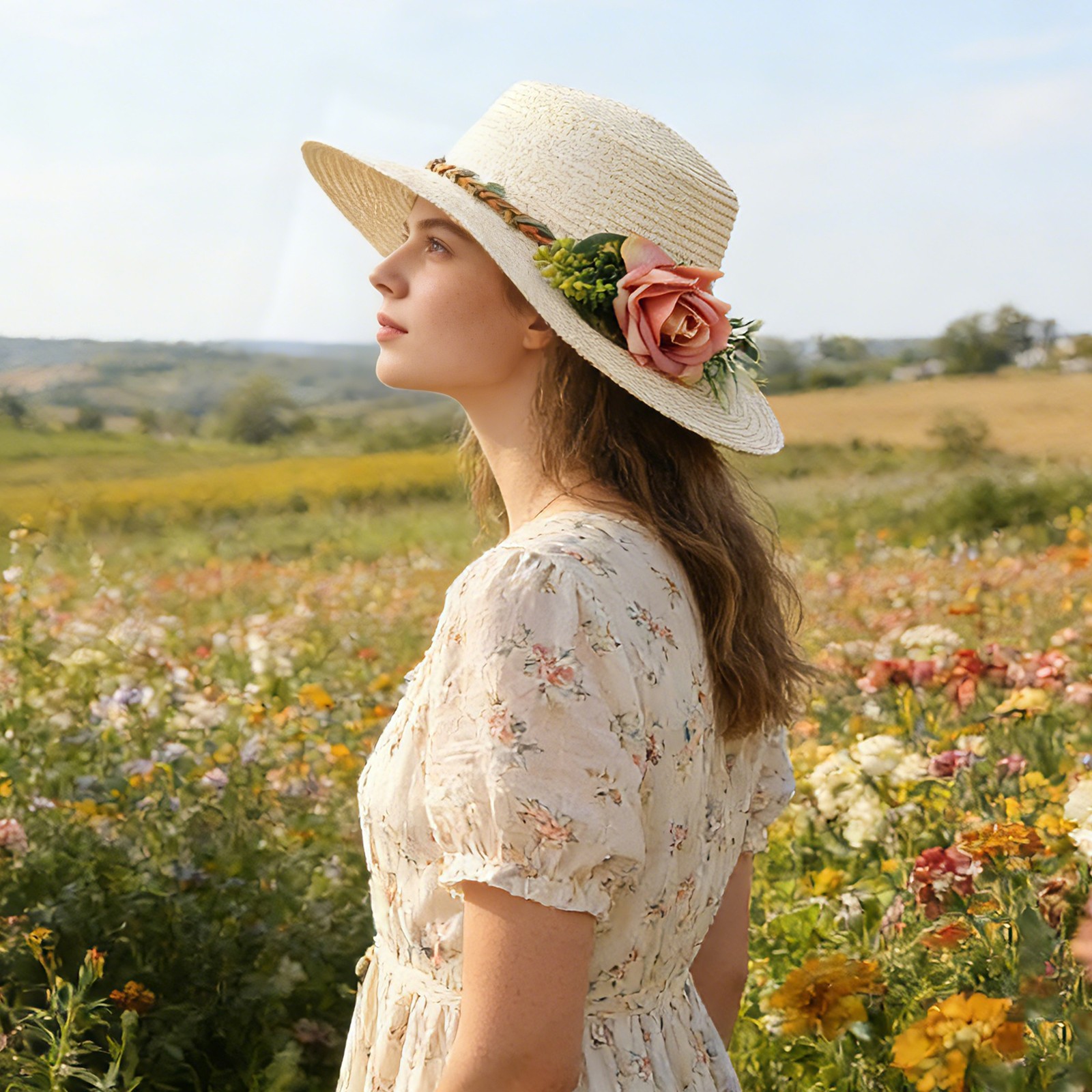 Women’s 3D Floral Decor Straw Wide Brim Flower Sun Hat Summer Outdoor Beach Hat