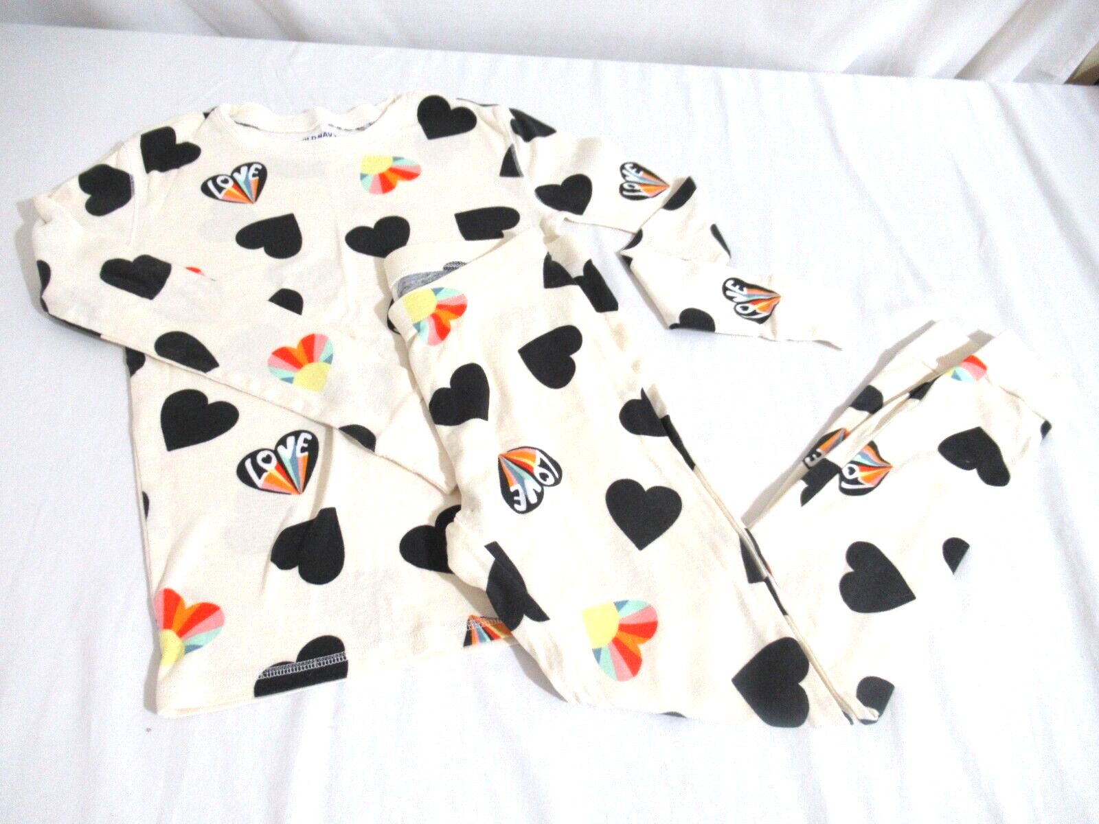 Old Navy Kids Size 12 XL White With Multi Color Love Hearts Thermal Snug PJ Set