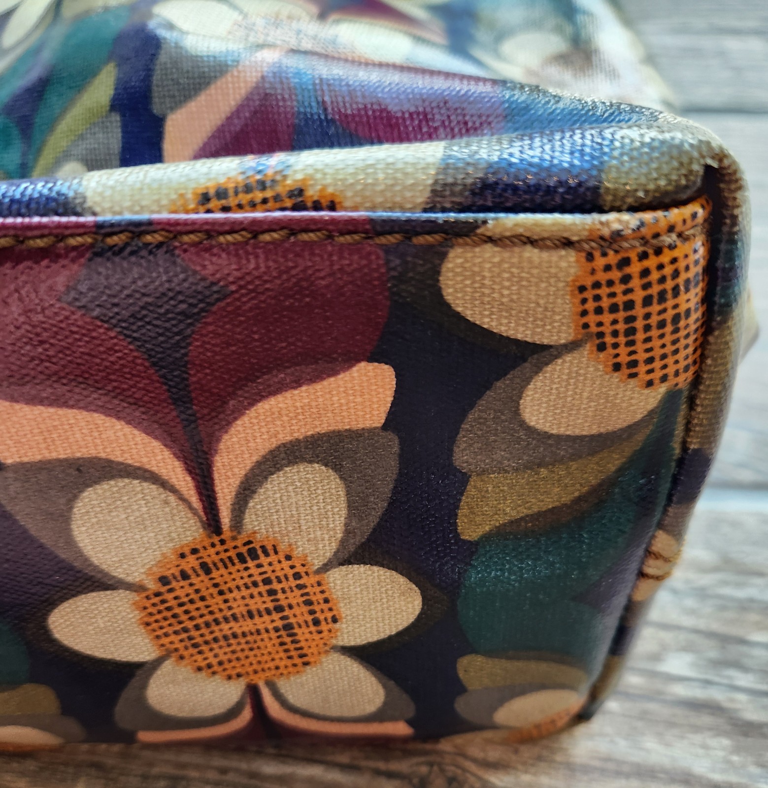 Vtg Fossil Tote Key Per Leather Coated Canvas Floral Hand Shoulder Bag Purse EUC