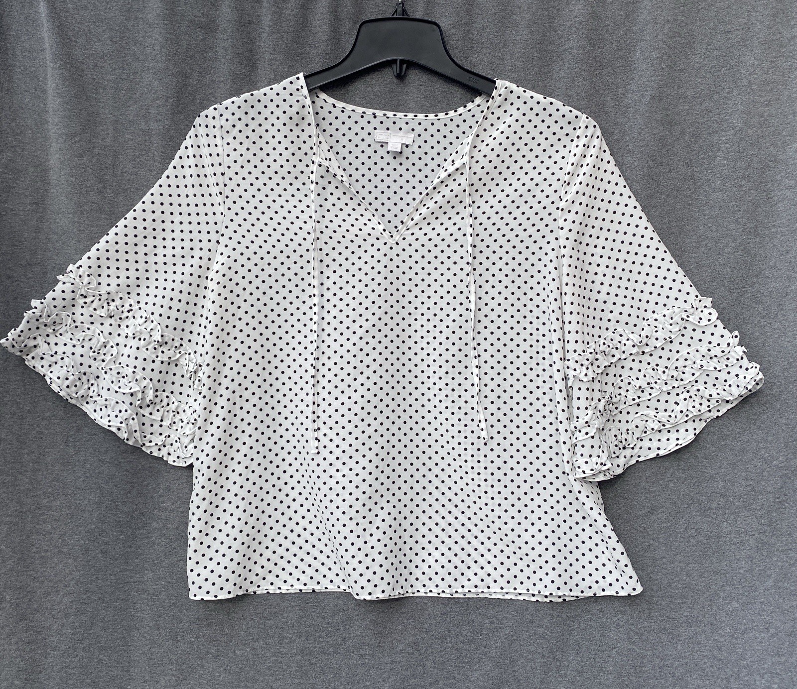 White Black Polka Dot Blouse Sz M Ruffled Sleeves Peasant Flamenco