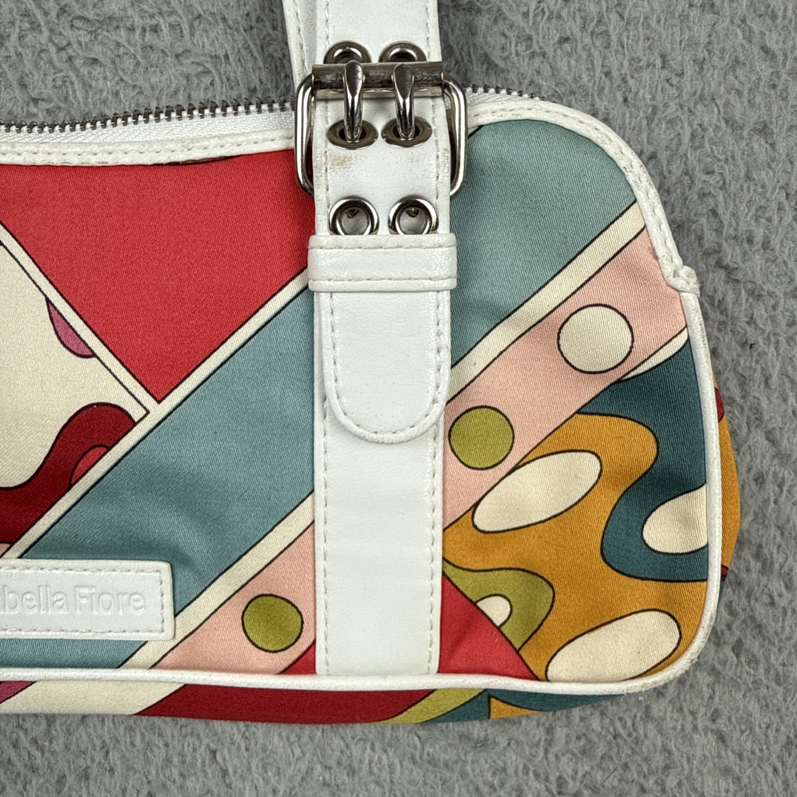 Isabella Fiore Silk Leather Handbag White MultiColor Geometric Y2K Purse 70s EOC